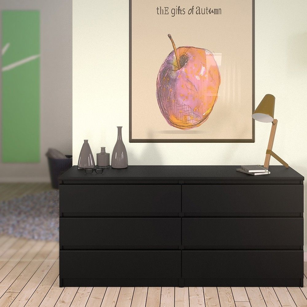 Wide Matt Black 6 Drawer Chest With Recessed Handles