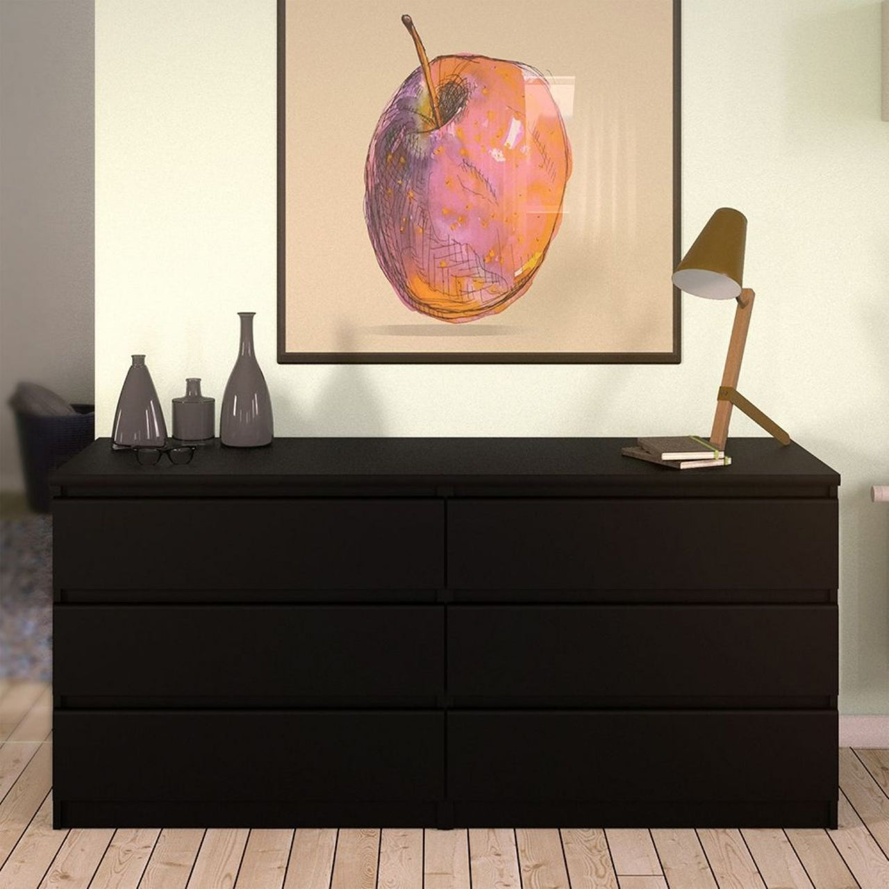 Wide Matt Black 6 Drawer Chest With Recessed Handles