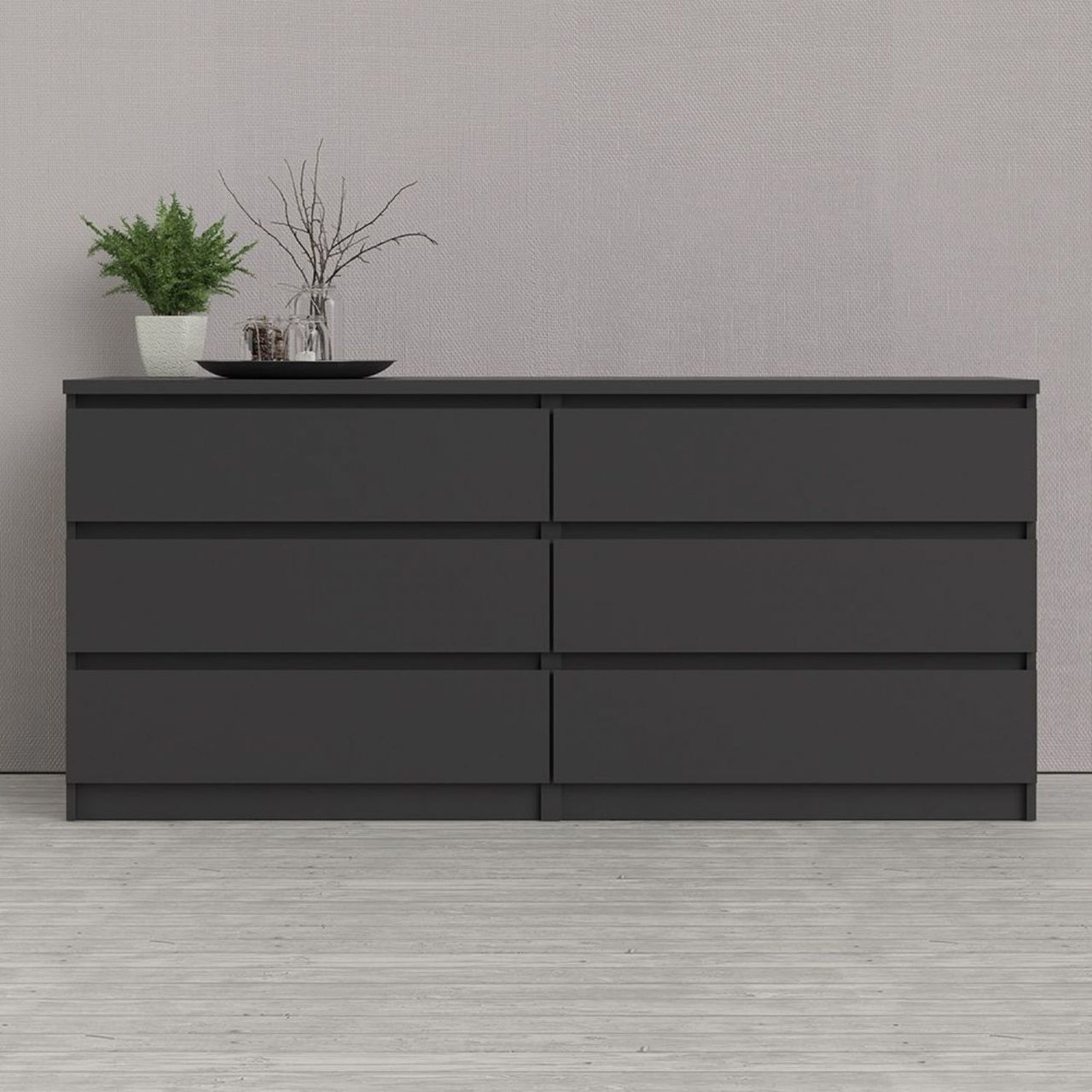 Wide Matt Black 6 Drawer Chest With Recessed Handles