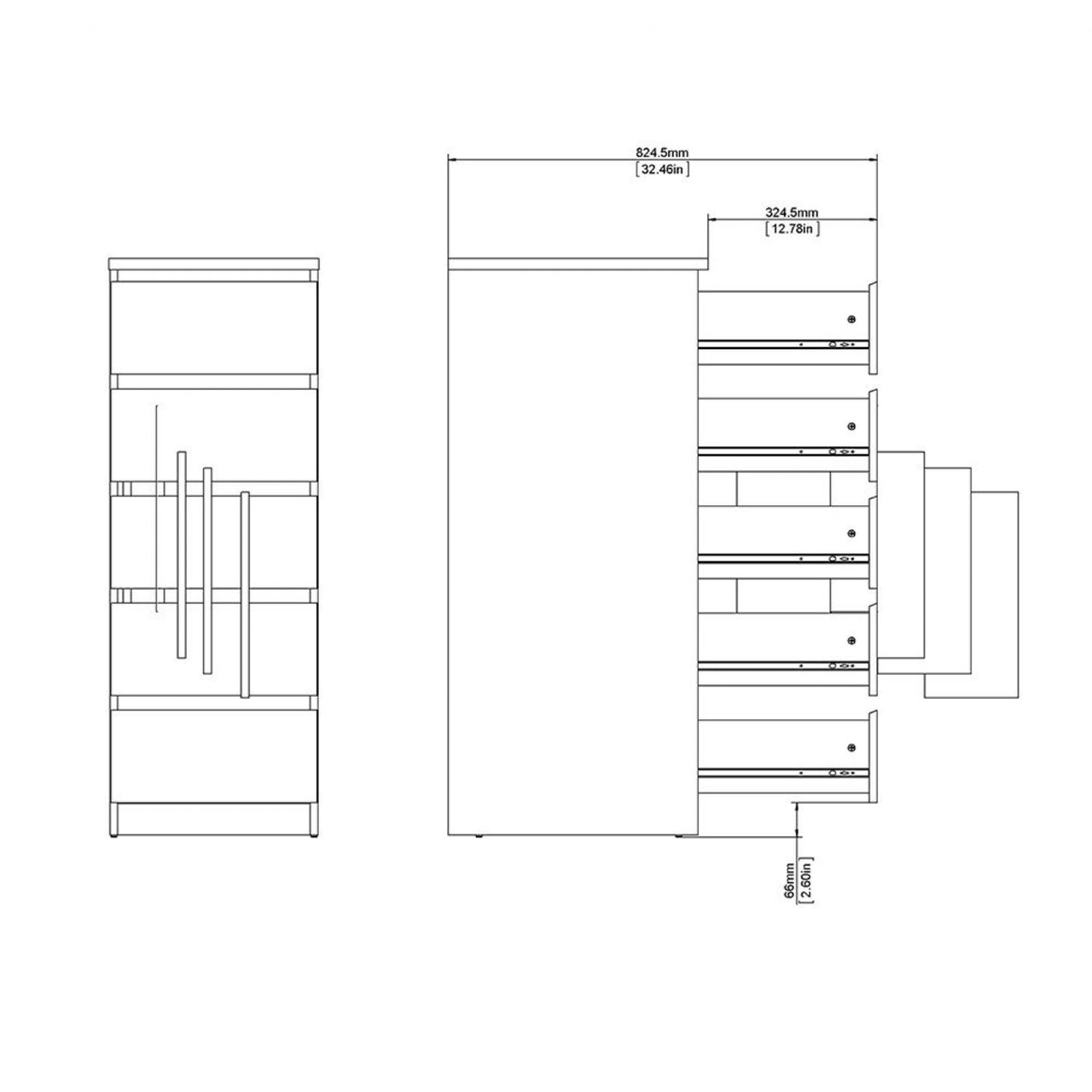 Matt Black Slim Narrow 5 Drawer Chest of Drawers Recessed Handles