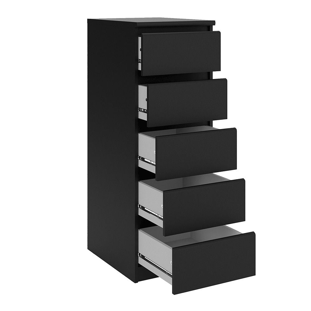 Matt Black Slim Narrow 5 Drawer Chest of Drawers Recessed Handles