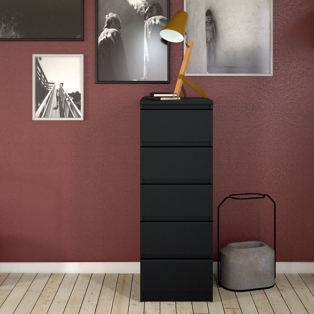 Matt Black Slim Narrow 5 Drawer Chest of Drawers Recessed Handles