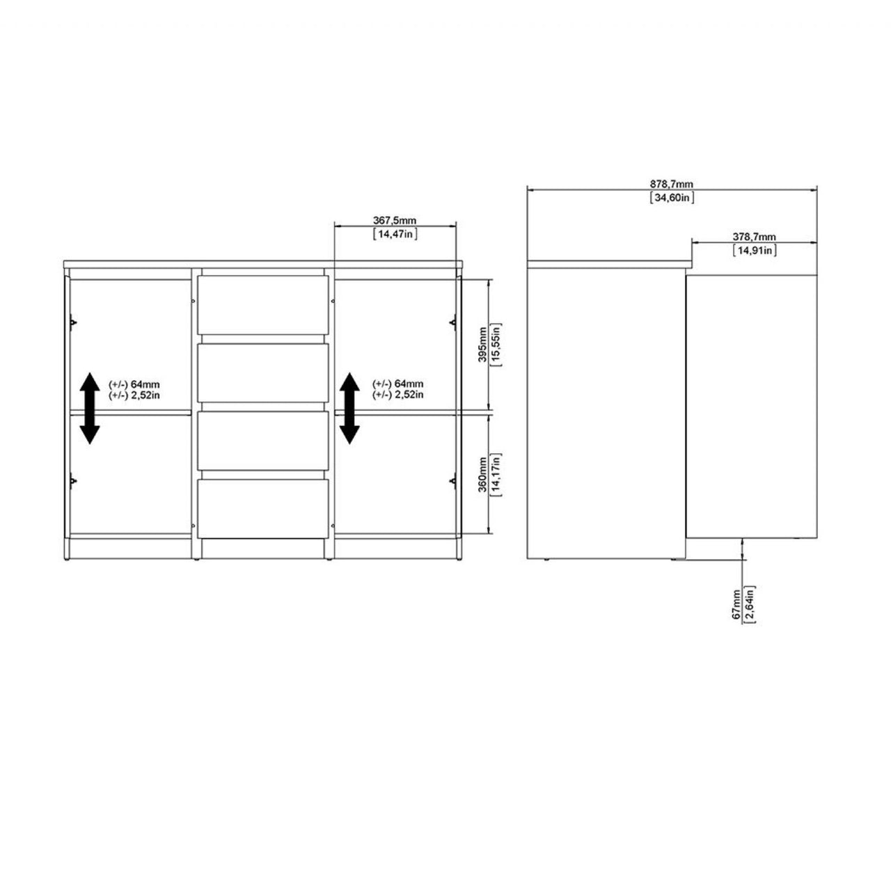 Matt Black 4 Drawer 2 Door Sideboard 120cm Wide