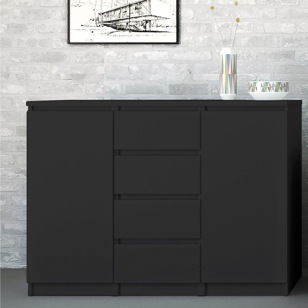 Matt Black 4 Drawer 2 Door Sideboard 120cm Wide