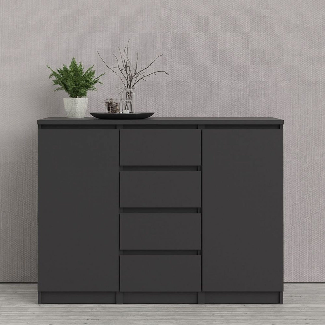 Matt Black 4 Drawer 2 Door Sideboard 120cm Wide