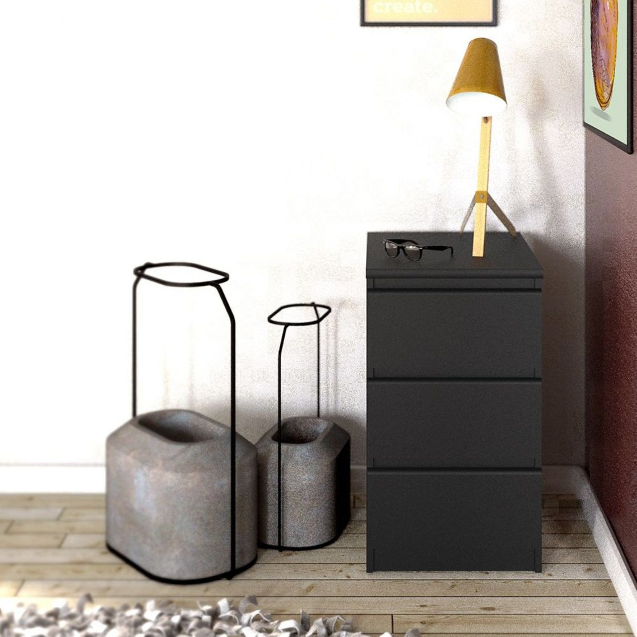 Black Matt Bedside Cabinet Chest Table 3 Drawers No Handles