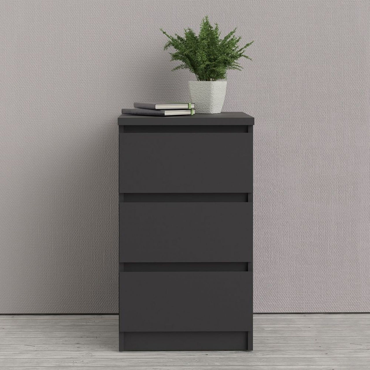 Black Matt Bedside Cabinet Chest Table 3 Drawers No Handles