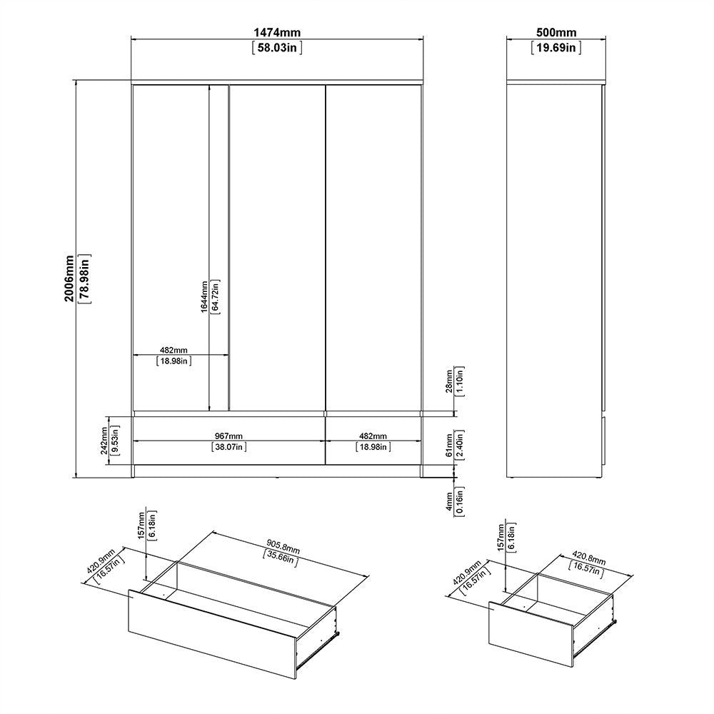 White High Gloss 3 Door Triple Wardrobe