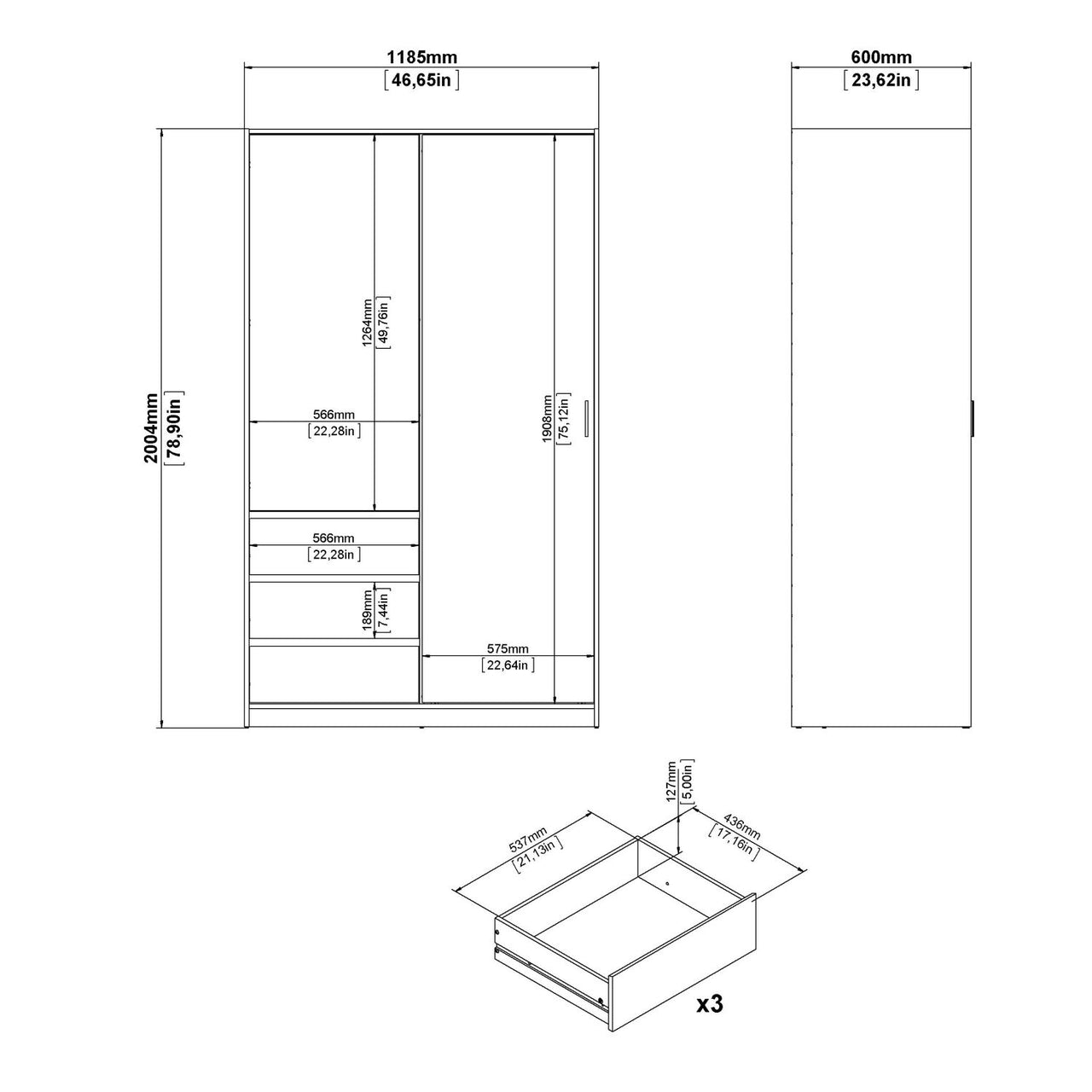 Wardrobe with 1 Sliding door 1 door + 3 drawers in Jackson Hickory Oak