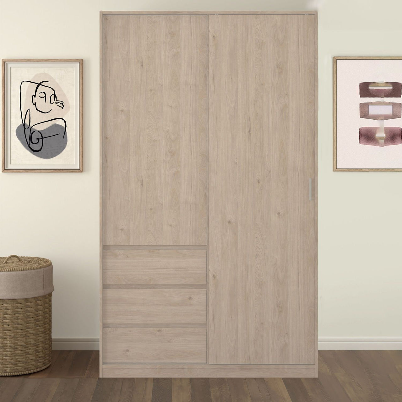 Wardrobe with 1 Sliding door 1 door + 3 drawers in Jackson Hickory Oak