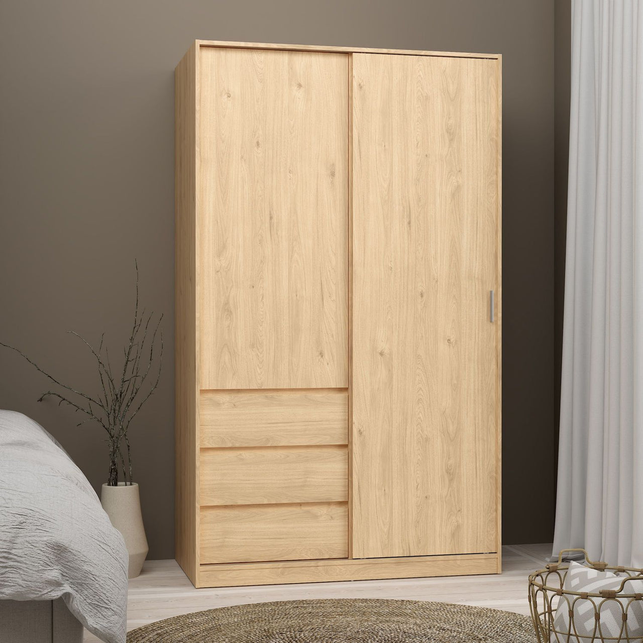 Wardrobe with 1 Sliding door 1 door + 3 drawers in Jackson Hickory Oak