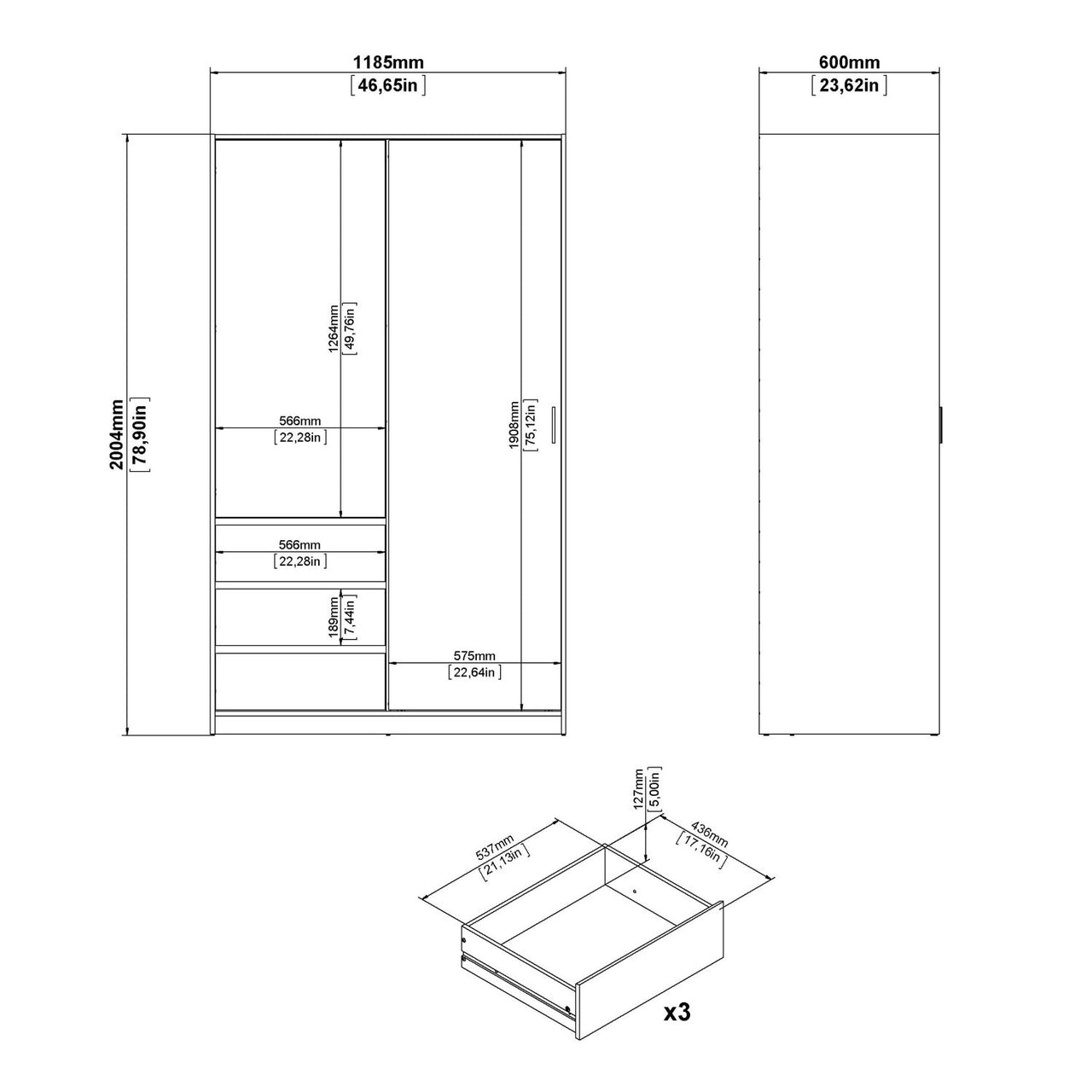 Wardrobe with 1 Sliding door 1 door + 3 drawers in White High Gloss