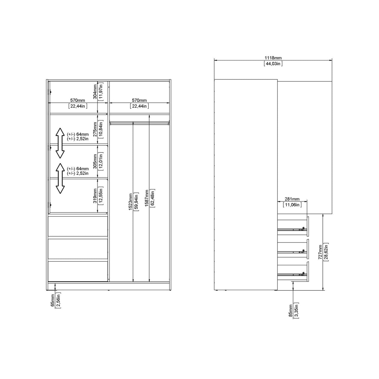 Wardrobe with 1 Sliding door 1 door + 3 drawers in White High Gloss