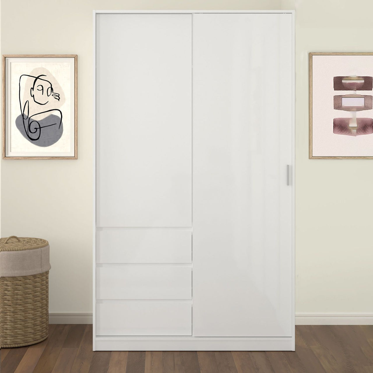 Wardrobe with 1 Sliding door 1 door + 3 drawers in White High Gloss