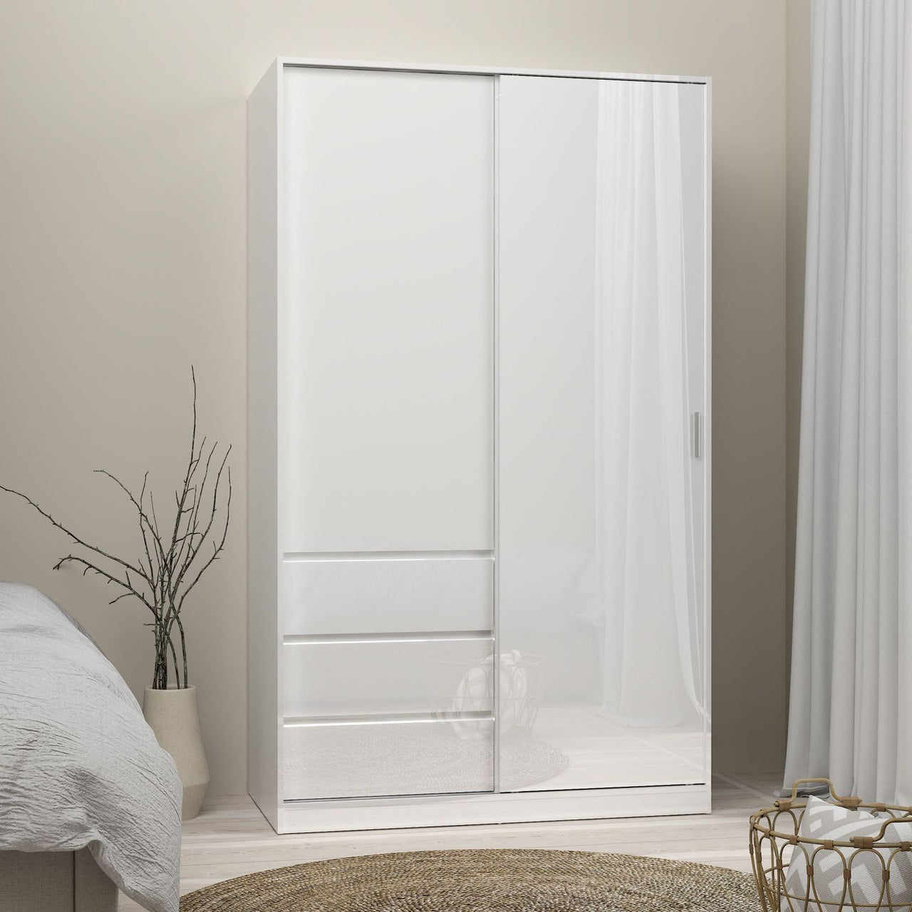 Wardrobe with 1 Sliding door 1 door + 3 drawers in White High Gloss