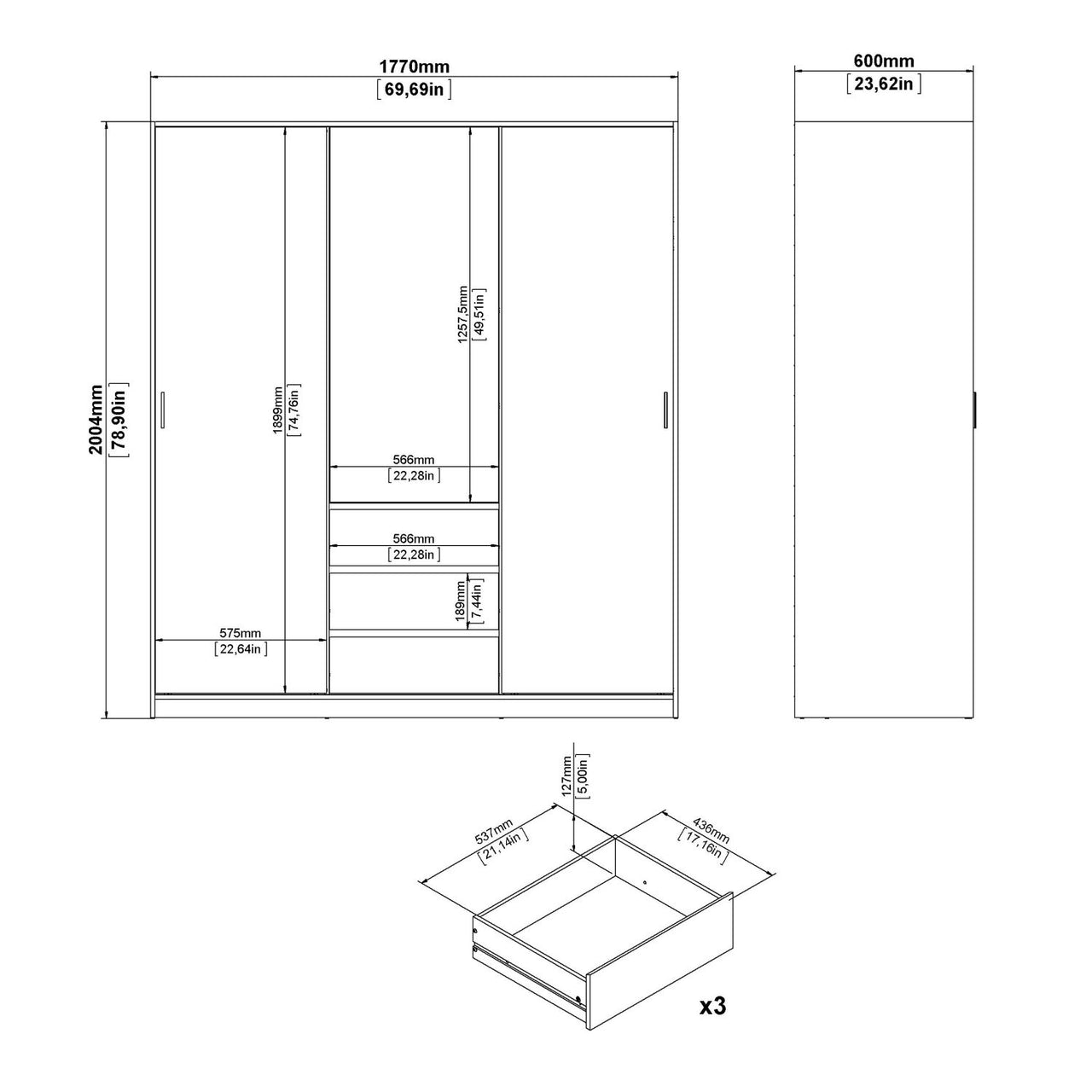 Naia Wardrobe with 2 sliding doors + 1 door + 3 drawers in Jackson Hickory Oak