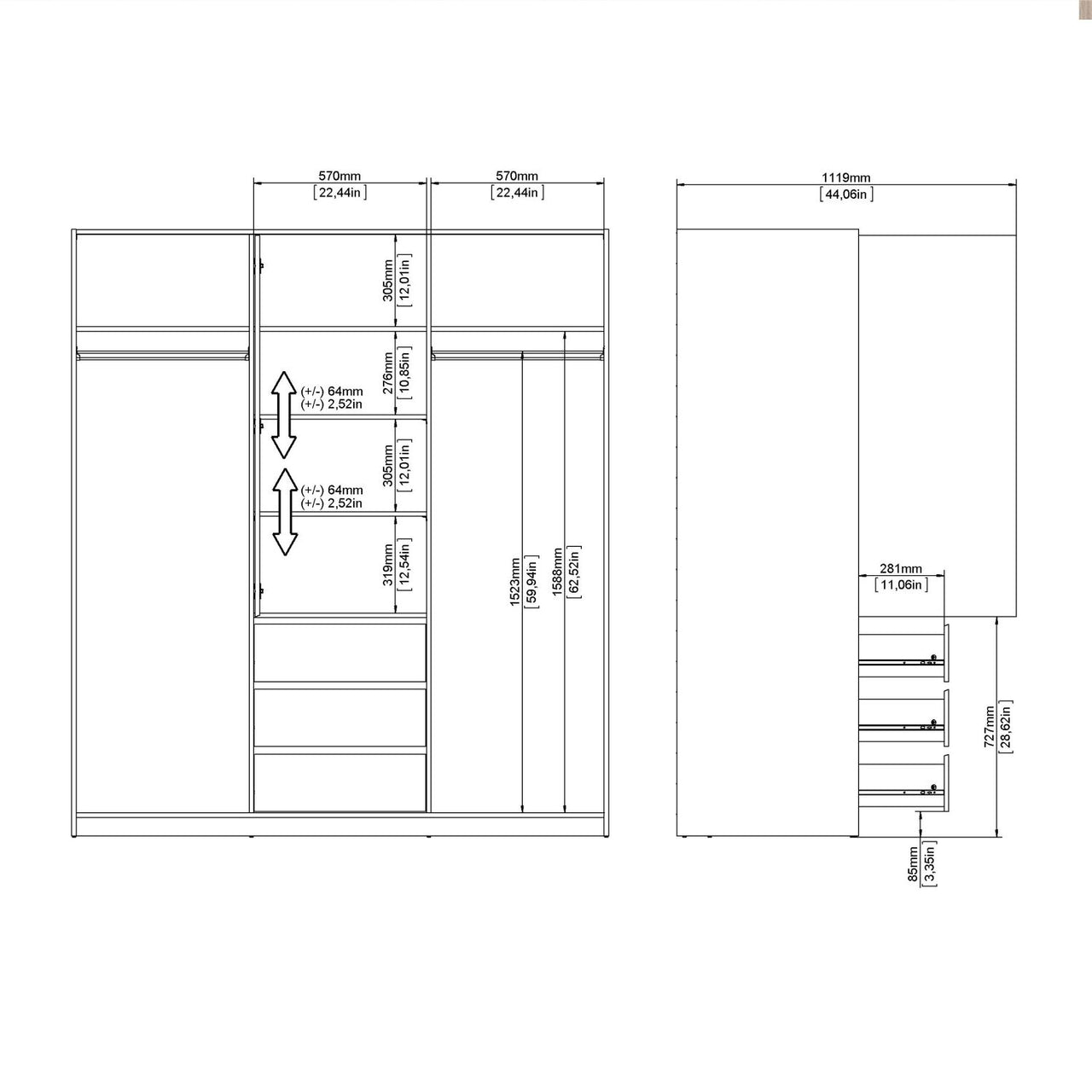 Naia Wardrobe with 2 sliding doors + 1 door + 3 drawers in Jackson Hickory Oak