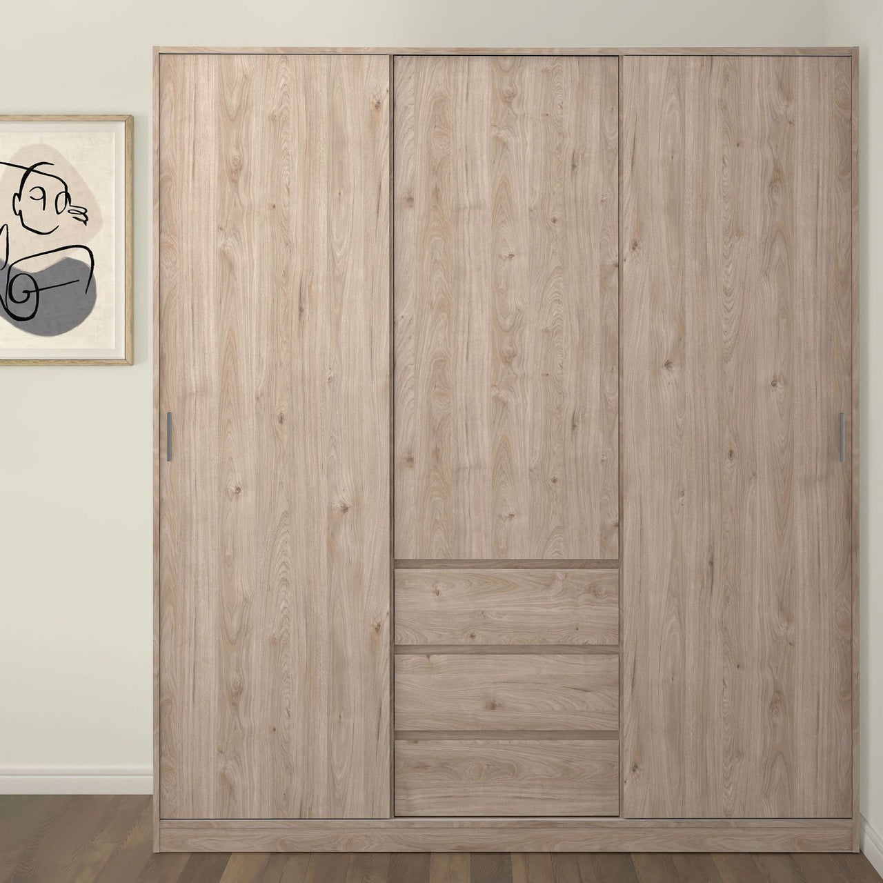 Naia Wardrobe with 2 sliding doors + 1 door + 3 drawers in Jackson Hickory Oak