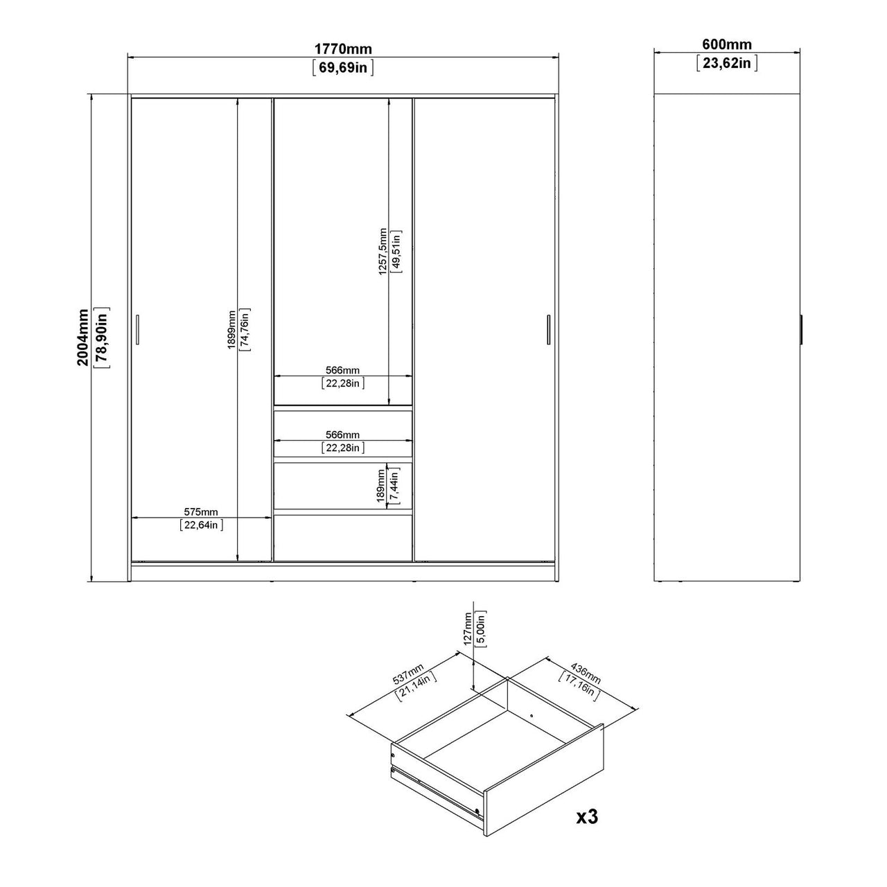 Wardrobe with 2 sliding doors 1 door + 3 drawers in White High Gloss