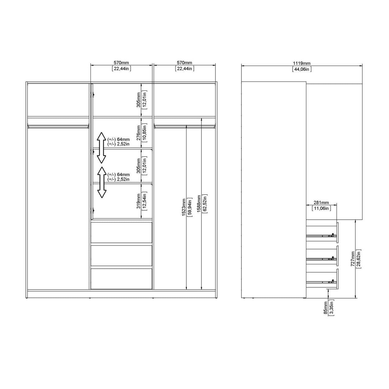 Wardrobe with 2 sliding doors 1 door + 3 drawers in White High Gloss