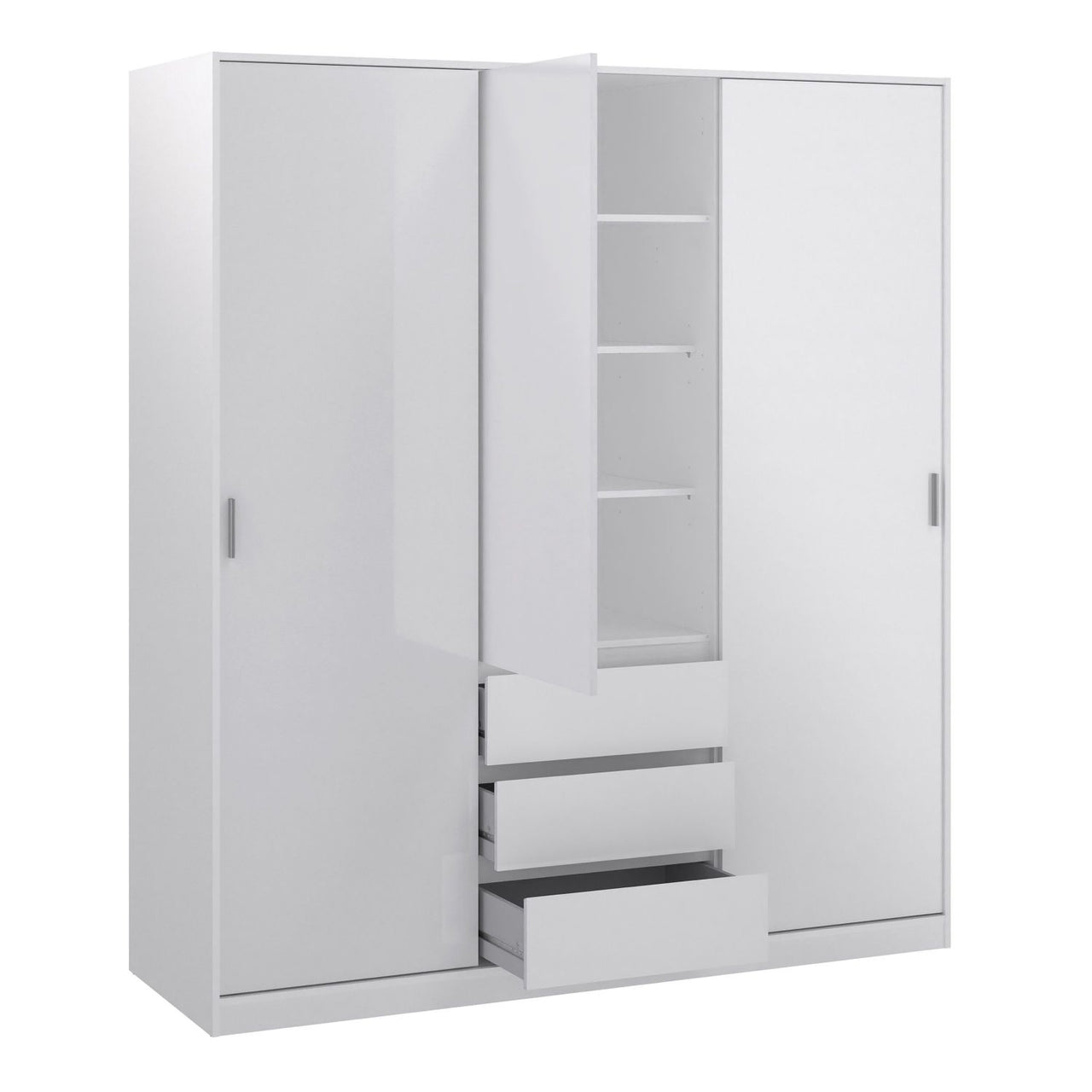 Wardrobe with 2 sliding doors 1 door + 3 drawers in White High Gloss