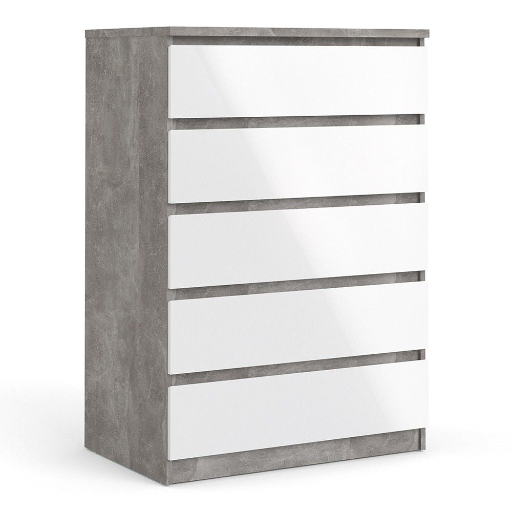 Concrete And White High Gloss 5 Drawer Chest