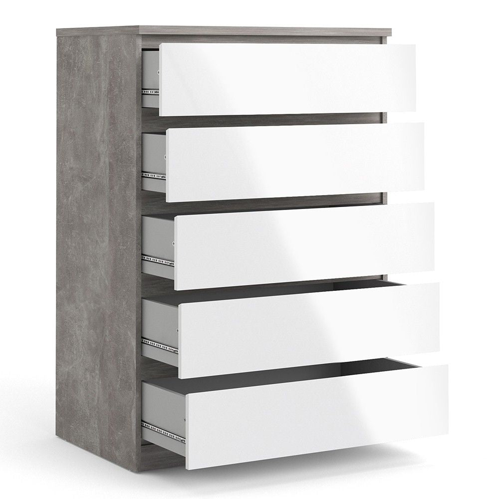 Concrete And White High Gloss 5 Drawer Chest