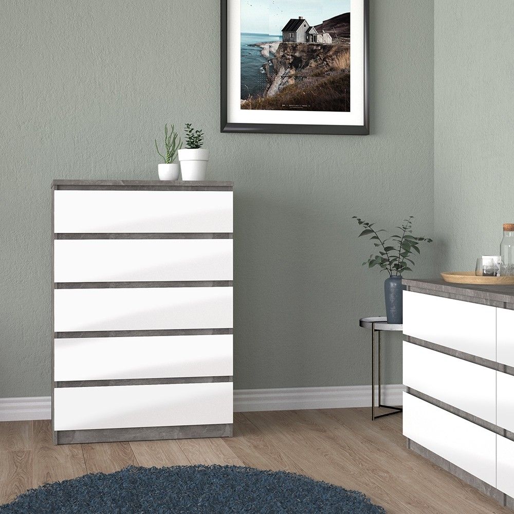 Concrete And White High Gloss 5 Drawer Chest