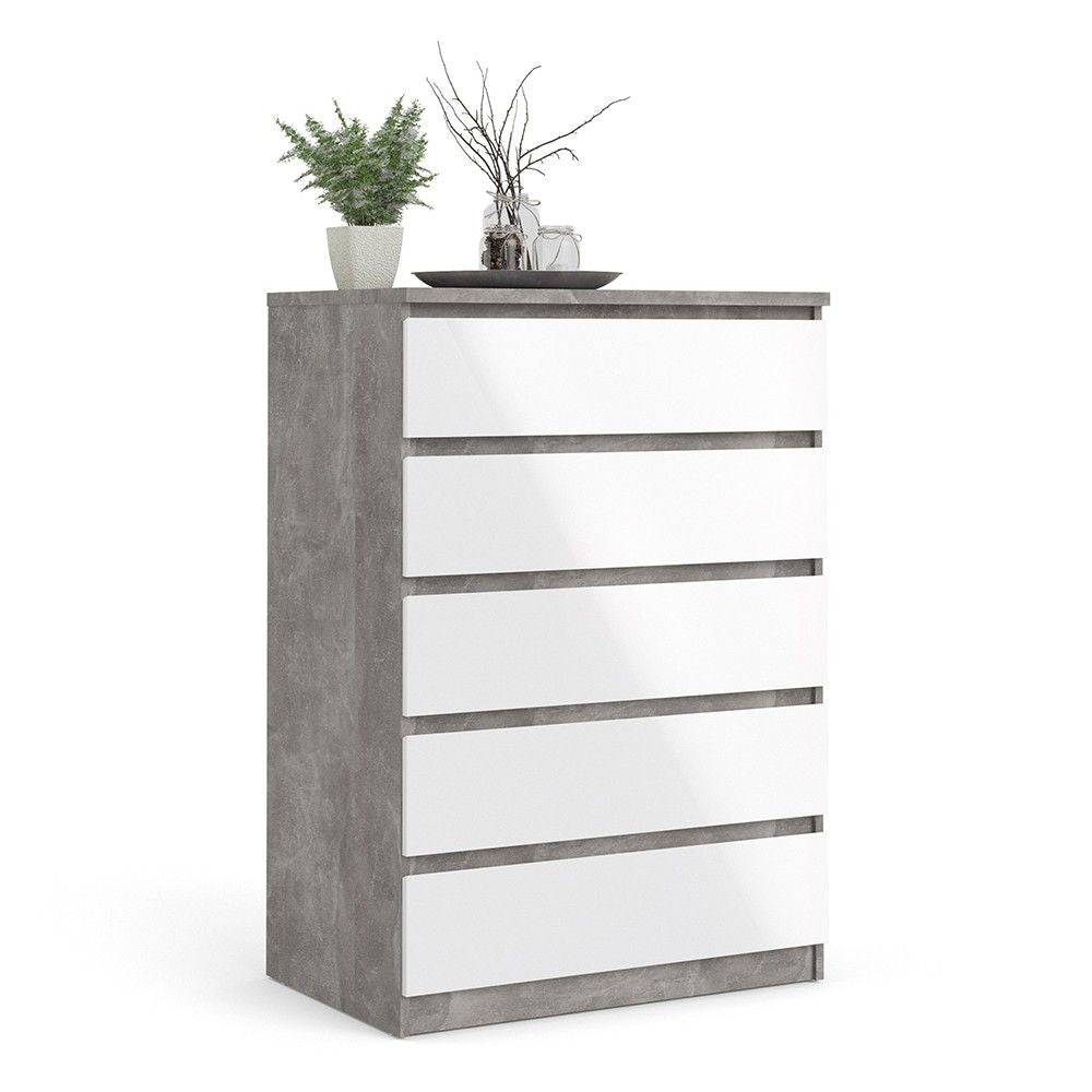 Concrete And White High Gloss 5 Drawer Chest