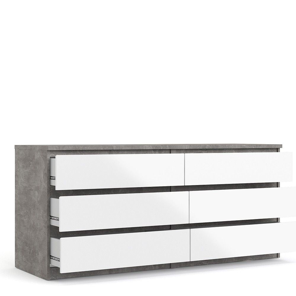 Wide Concrete Grey and White High Gloss 6 Drawer Chest