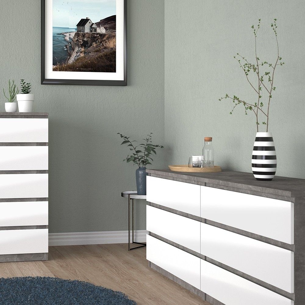 Wide Concrete Grey and White High Gloss 6 Drawer Chest