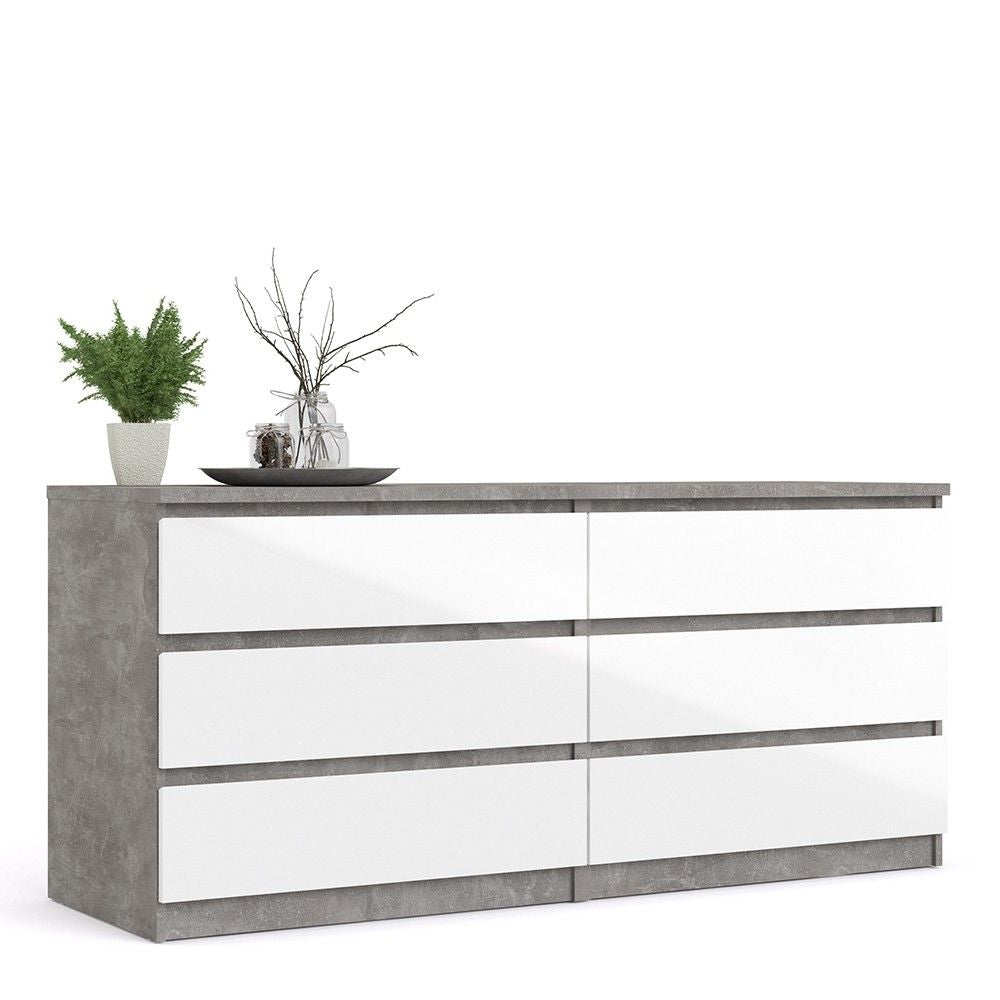 Wide Concrete Grey and White High Gloss 6 Drawer Chest