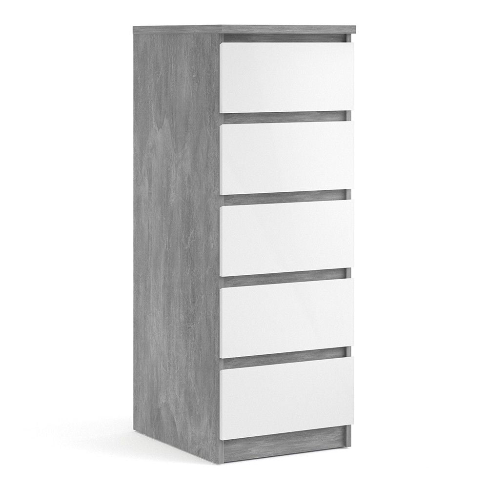 Tall Narrow Concrete And White High Gloss 5 Drawer Chest