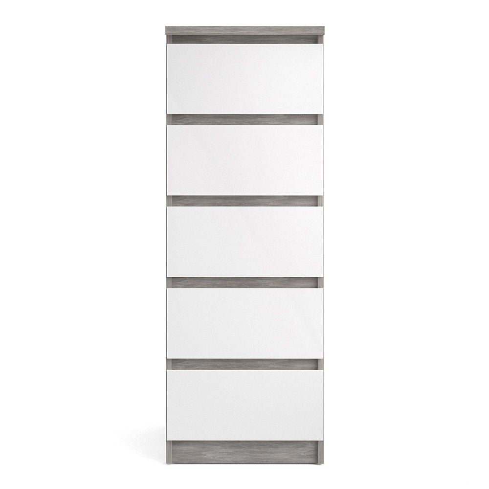 Tall Narrow Concrete And White High Gloss 5 Drawer Chest