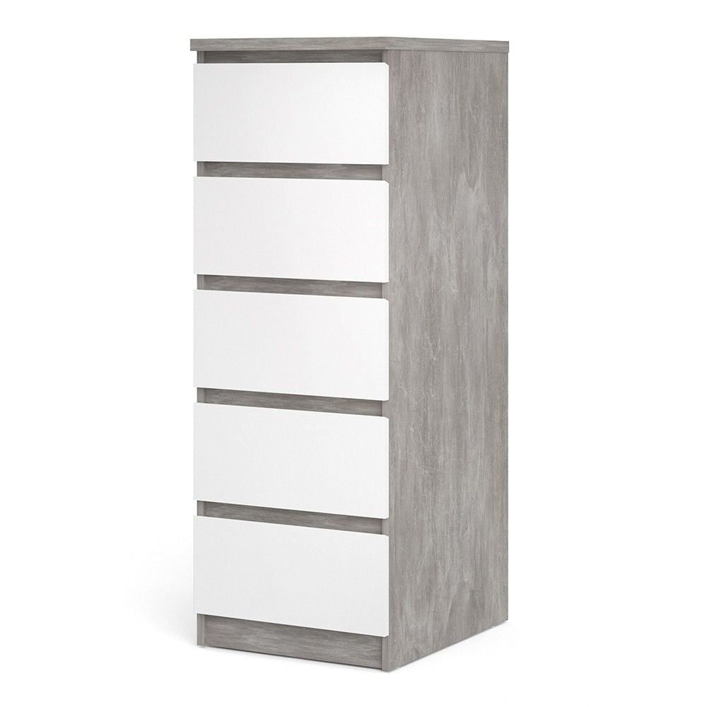 Tall Narrow Concrete And White High Gloss 5 Drawer Chest