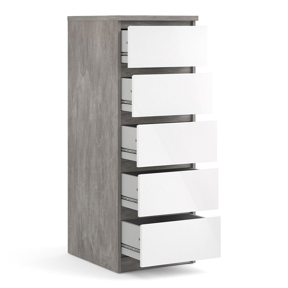 Tall Narrow Concrete And White High Gloss 5 Drawer Chest