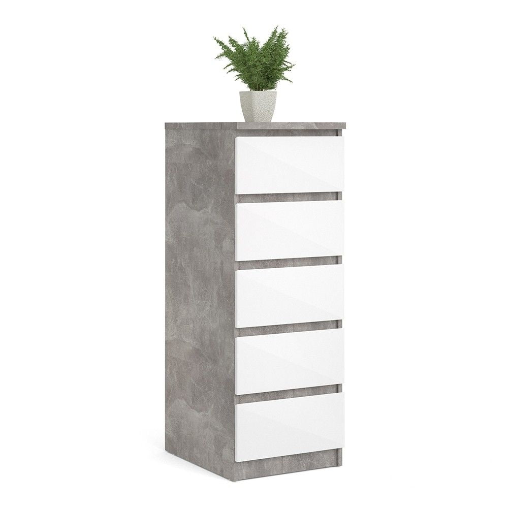 Tall Narrow Concrete And White High Gloss 5 Drawer Chest