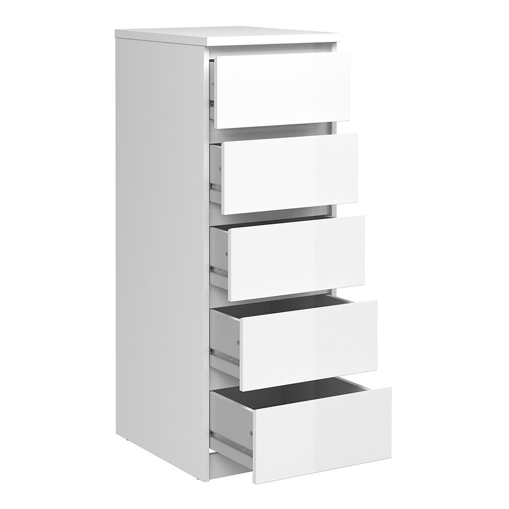 White High Gloss Slim 5 Drawer Chest With Recessed Handles