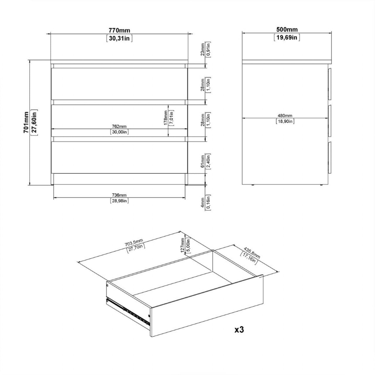 Naia Chest of 3 Drawers in White