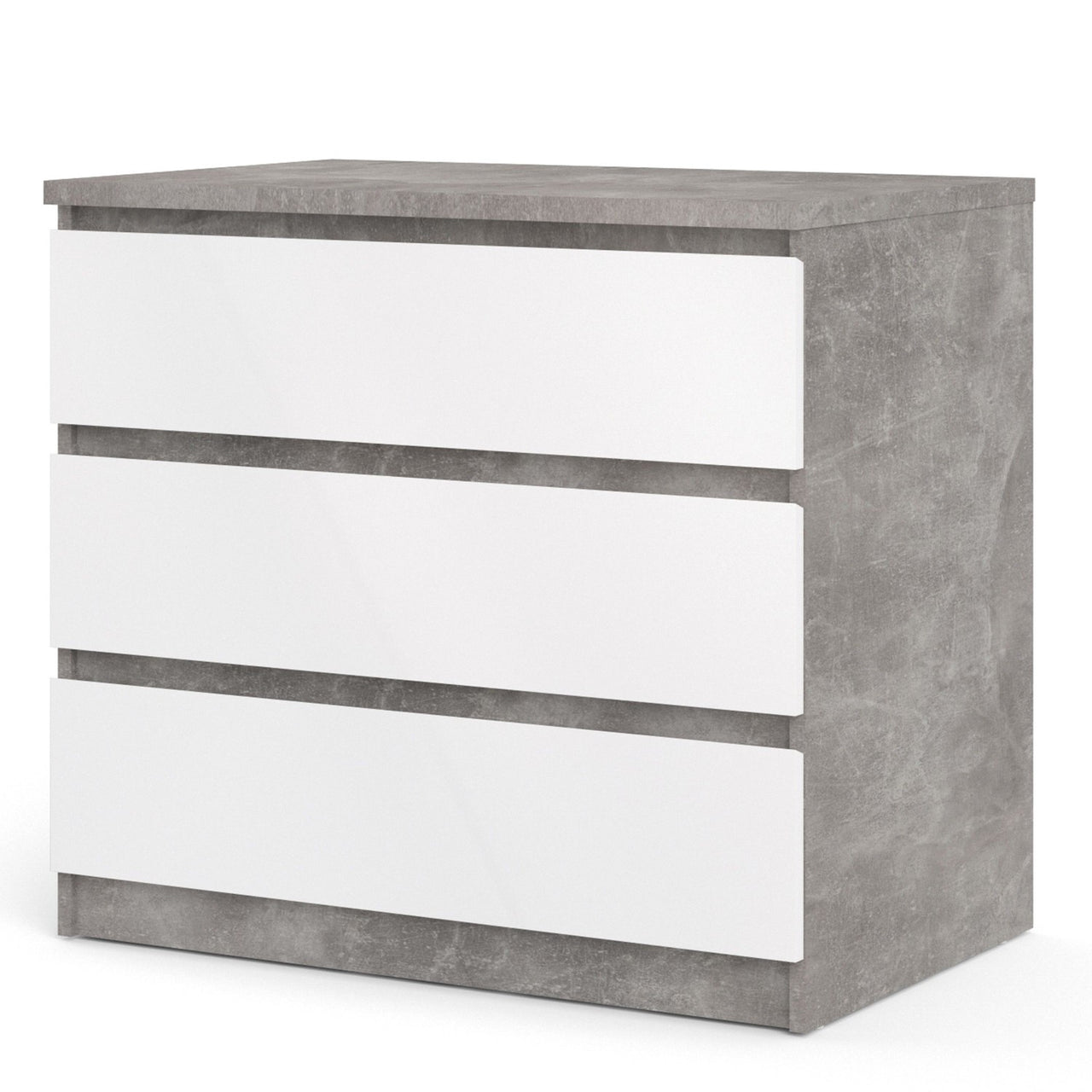 Wide Concrete and White 3 Drawer Chest With Recessed Handles