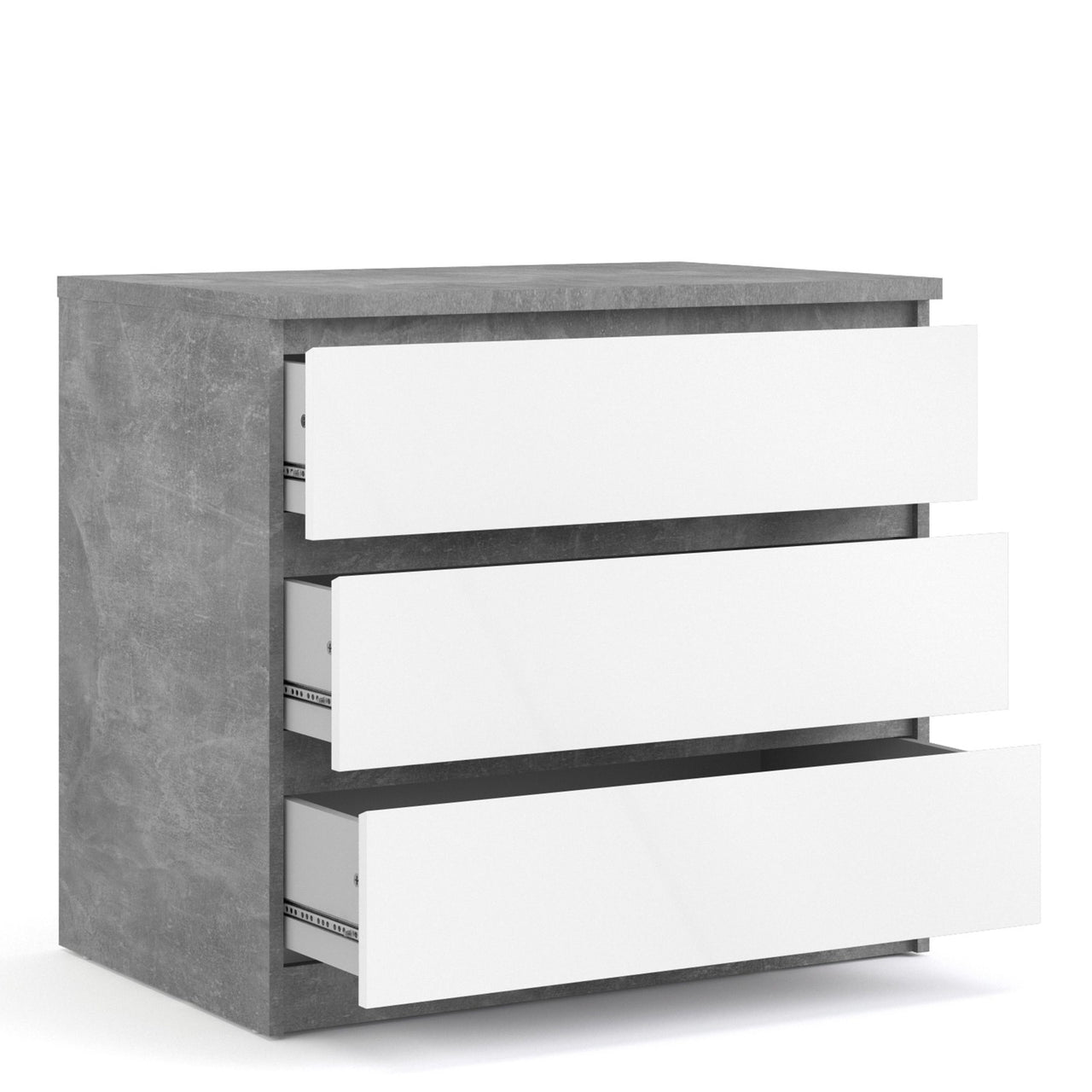 Wide Concrete and White 3 Drawer Chest With Recessed Handles