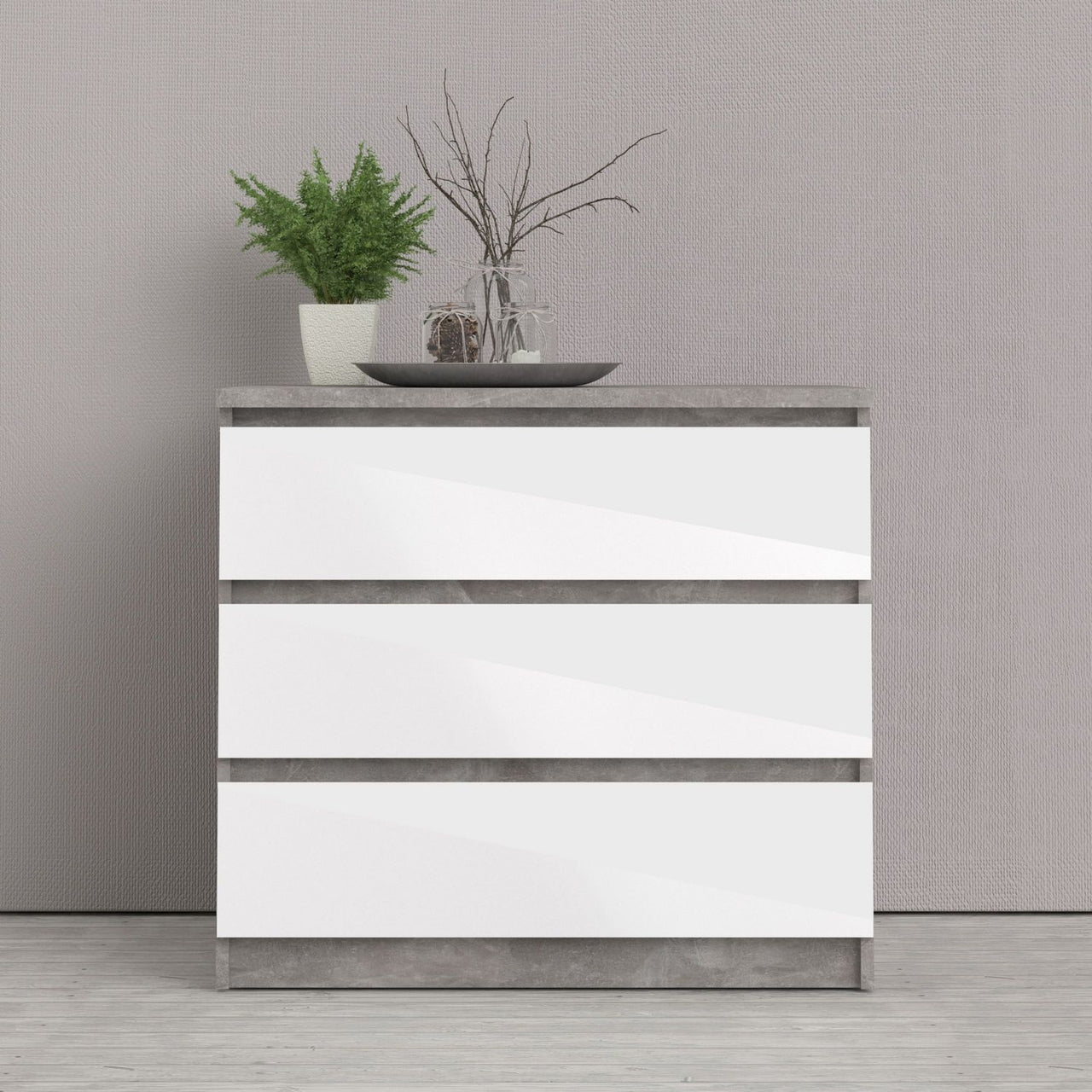 Wide Concrete and White 3 Drawer Chest With Recessed Handles