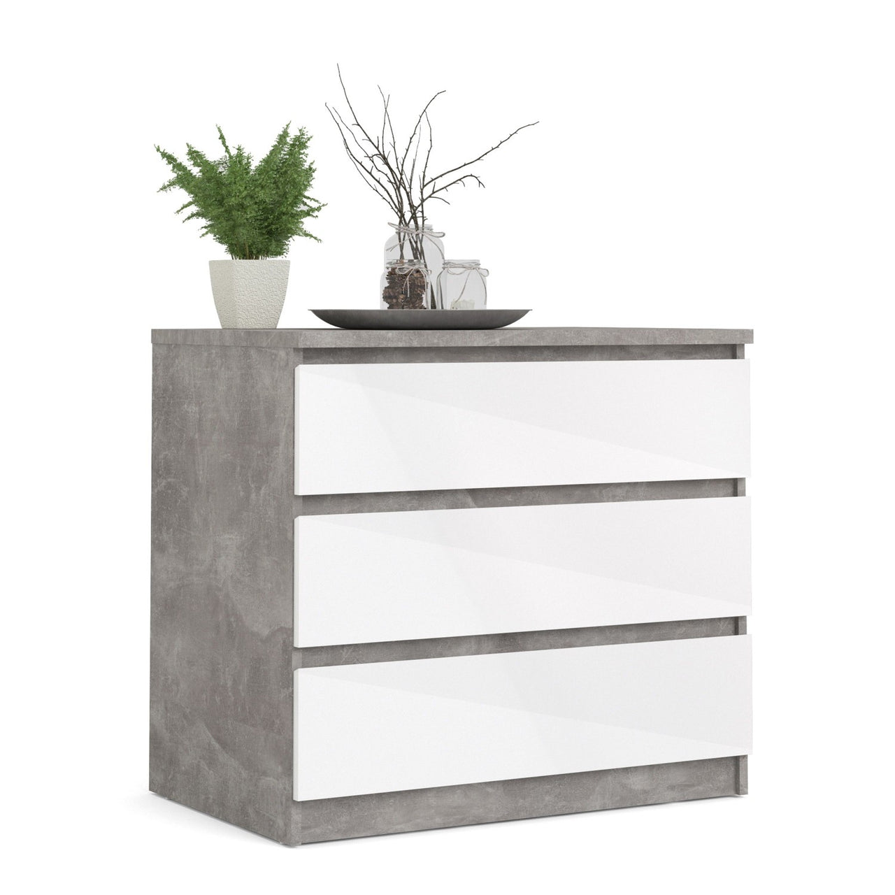 Wide Concrete and White 3 Drawer Chest With Recessed Handles