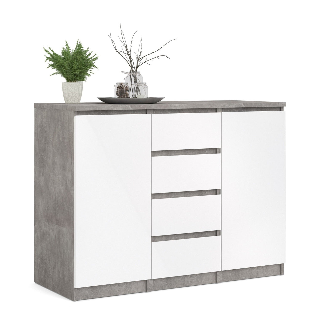 Sideboard 4 Drawers 2 Doors in Concrete and White High Gloss