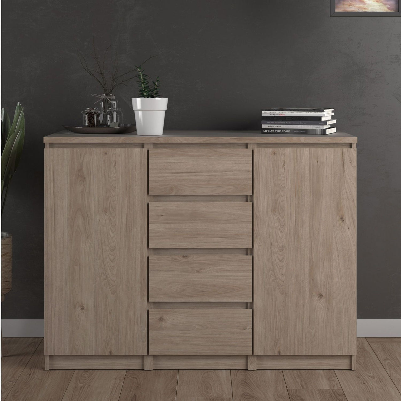 Large Sideboard 4 Drawers 2 Doors in Jackson Hickory Oak Effect Finish