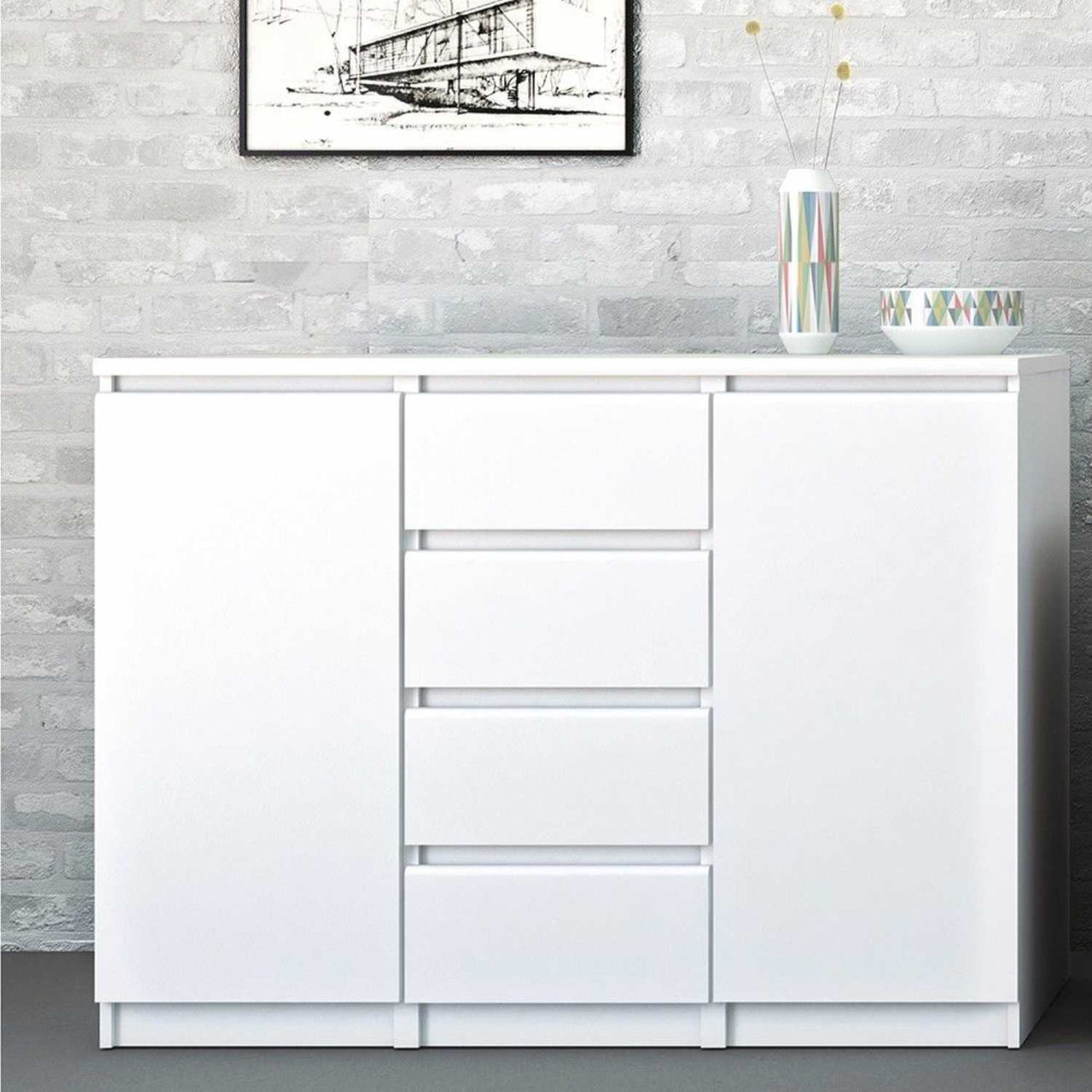 White High Gloss Sideboard 4 Centre Drawers 2 Doors 120cm Wide