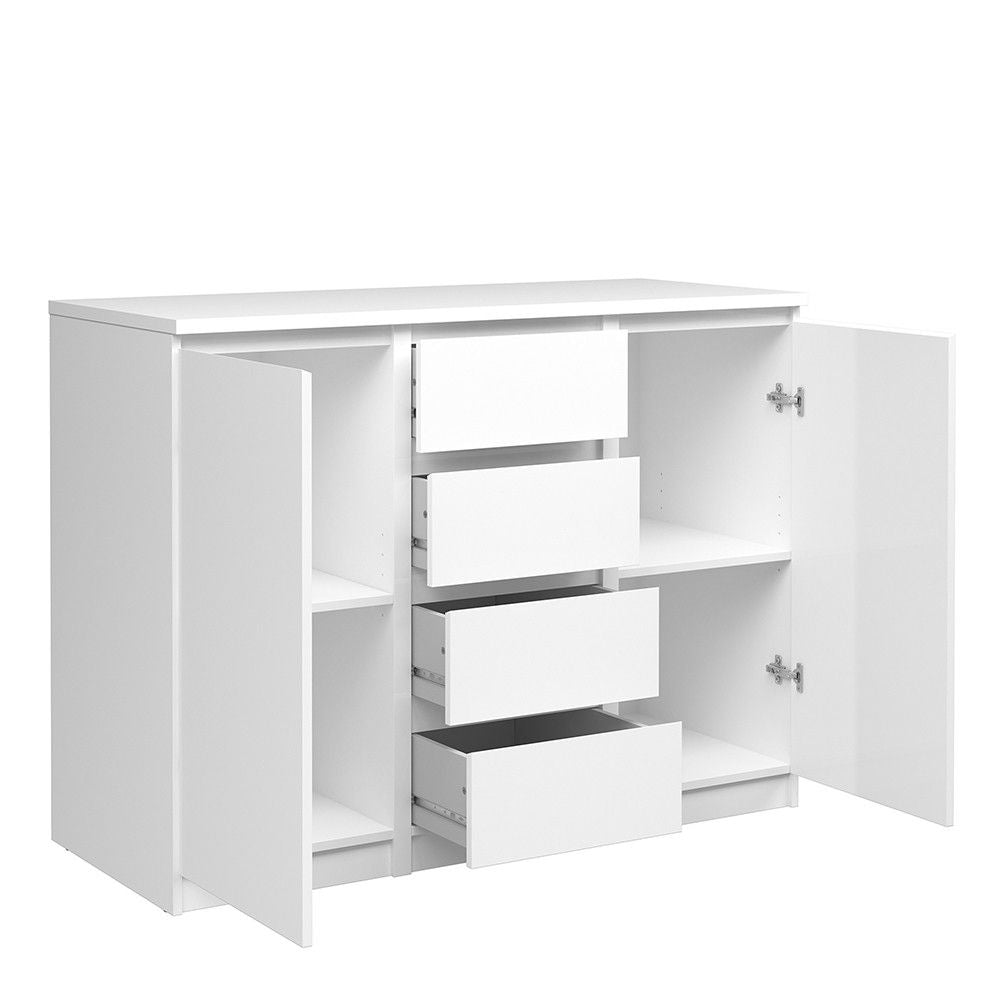 White High Gloss Sideboard 4 Centre Drawers 2 Doors 120cm Wide