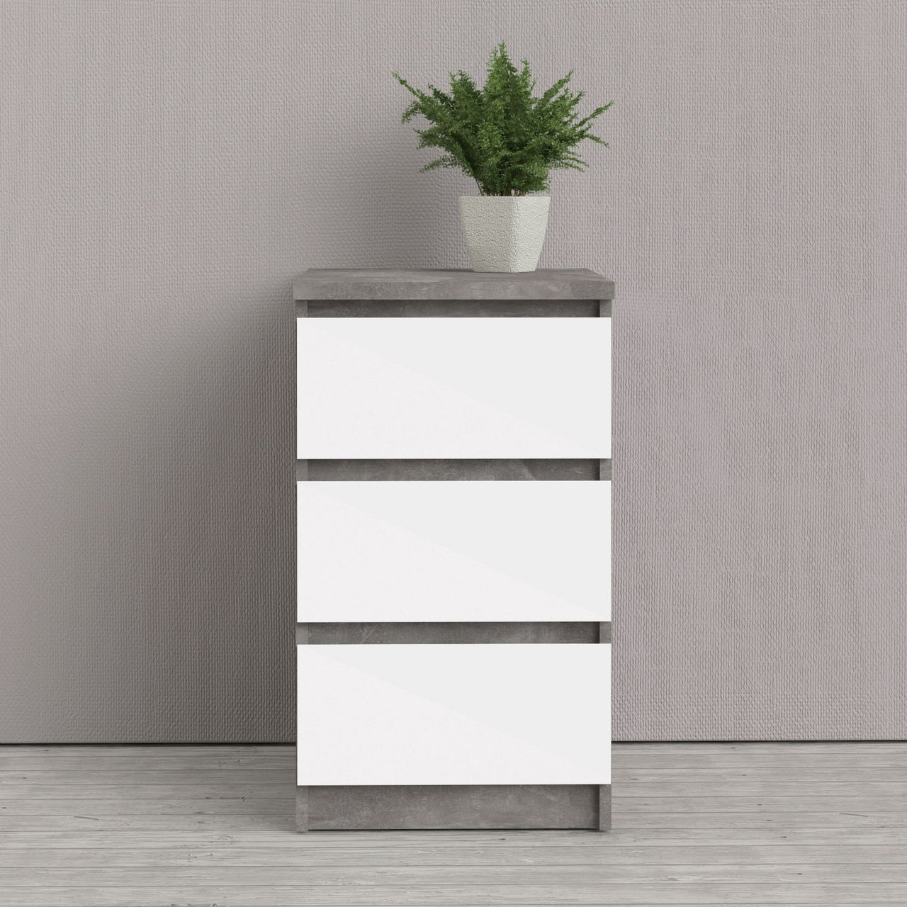 White High Gloss Concrete Bedside 3 Drawer Cabinet Chest Table