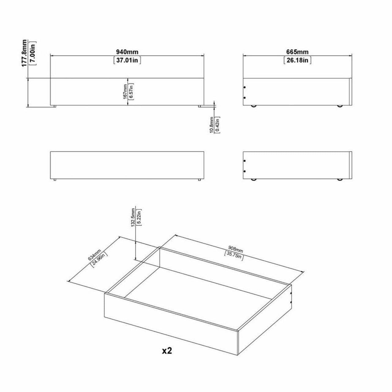 Set of 2 Underbed Drawers (for Single or Double beds) in White High Gloss