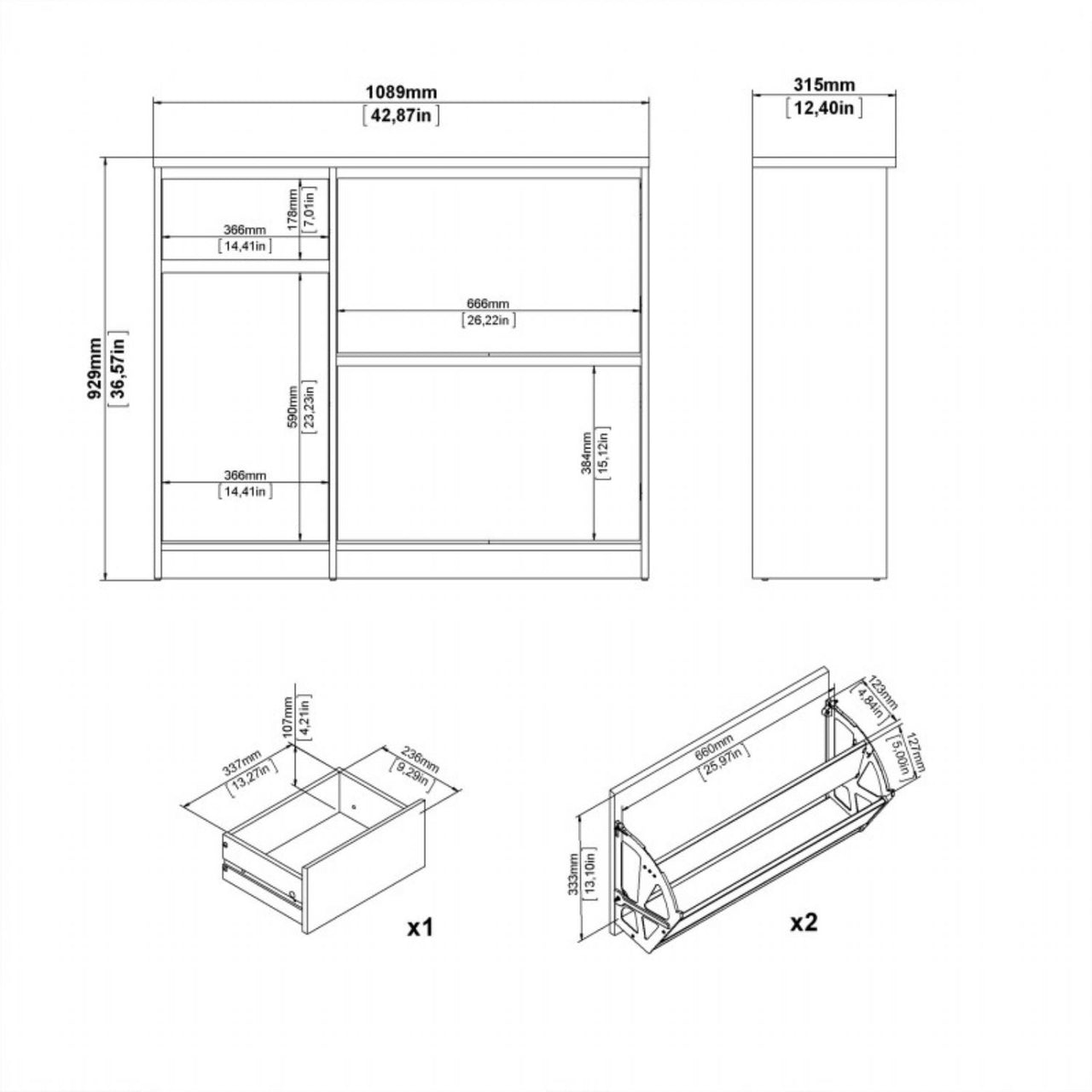 Shoe Cabinet with 2 Shoe Compartments, 1 Door and 1 Drawer in Concrete and White High Gloss